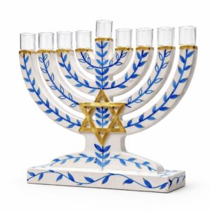 Chanoeka kandelaar met blauw bladontwerp en glazen olie cupjes