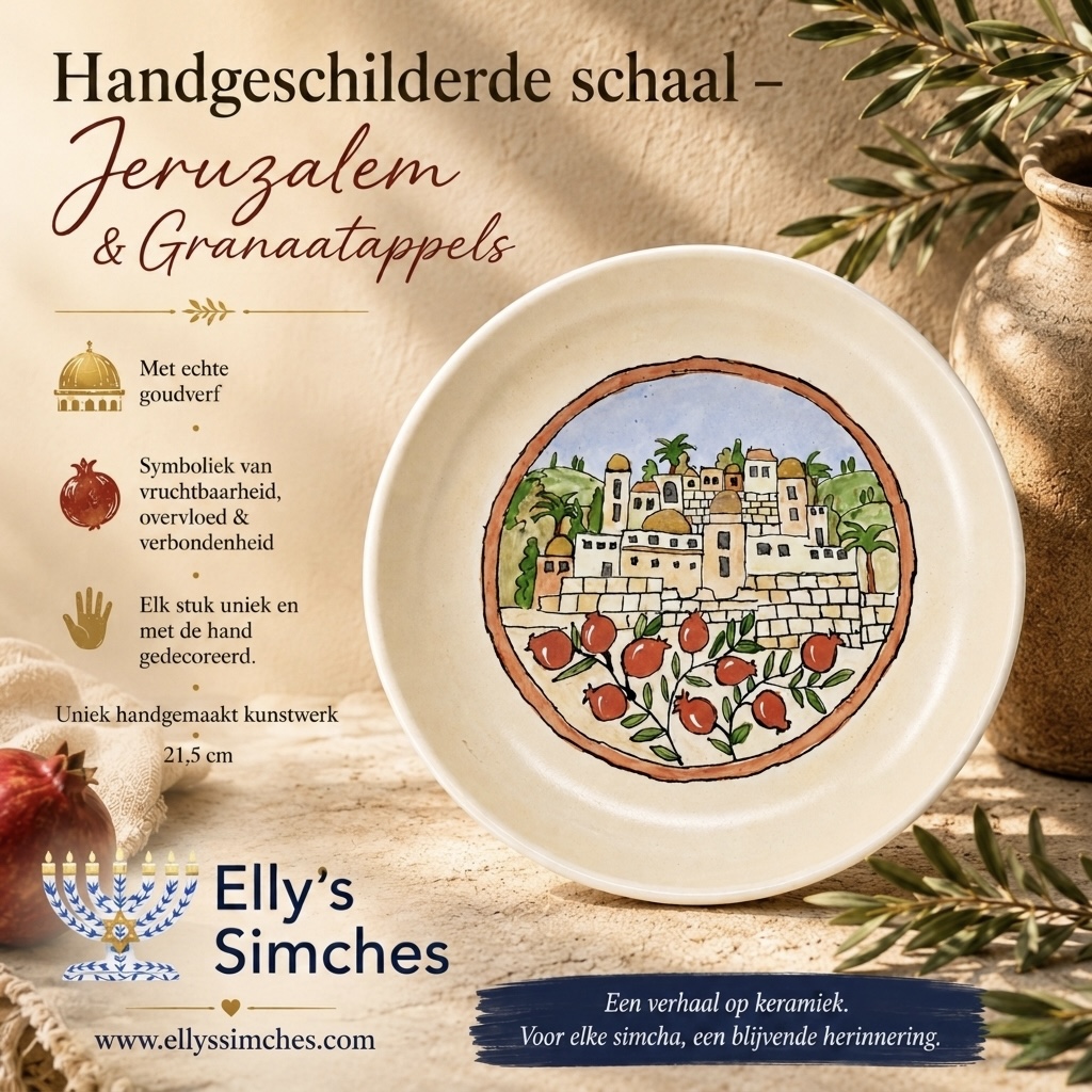 Schaal Jeruzalem met granaatappels - Handgeschilderd - Afbeelding 3