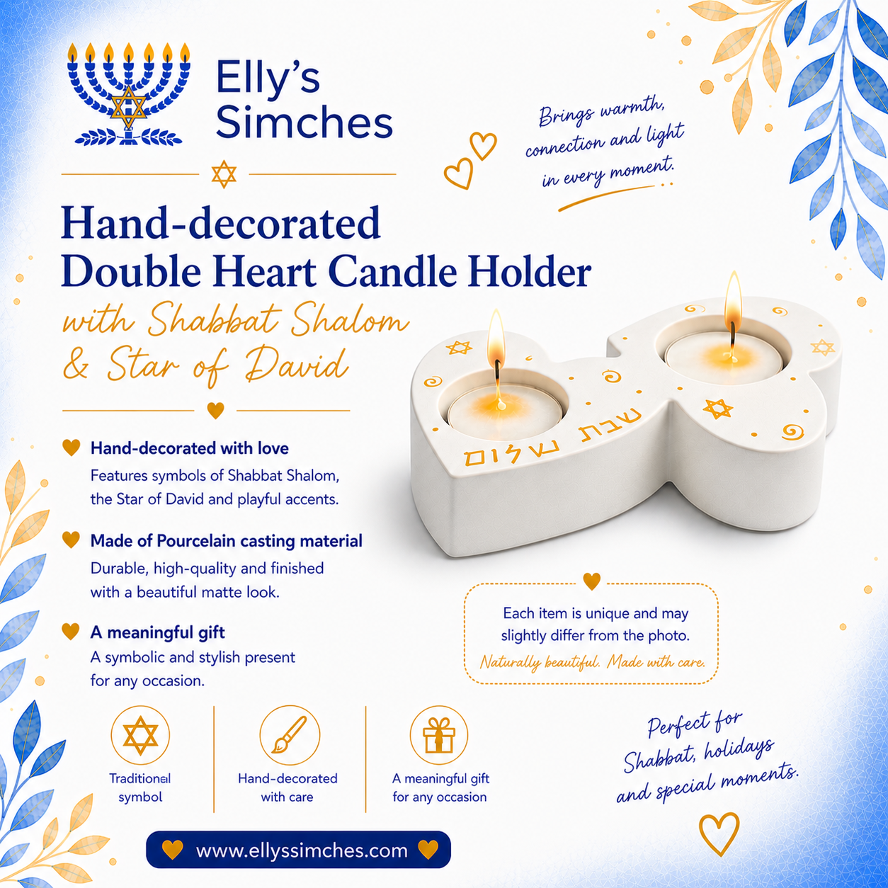 Shabbat Shalom theelichthouder dubbel hart - Afbeelding 3